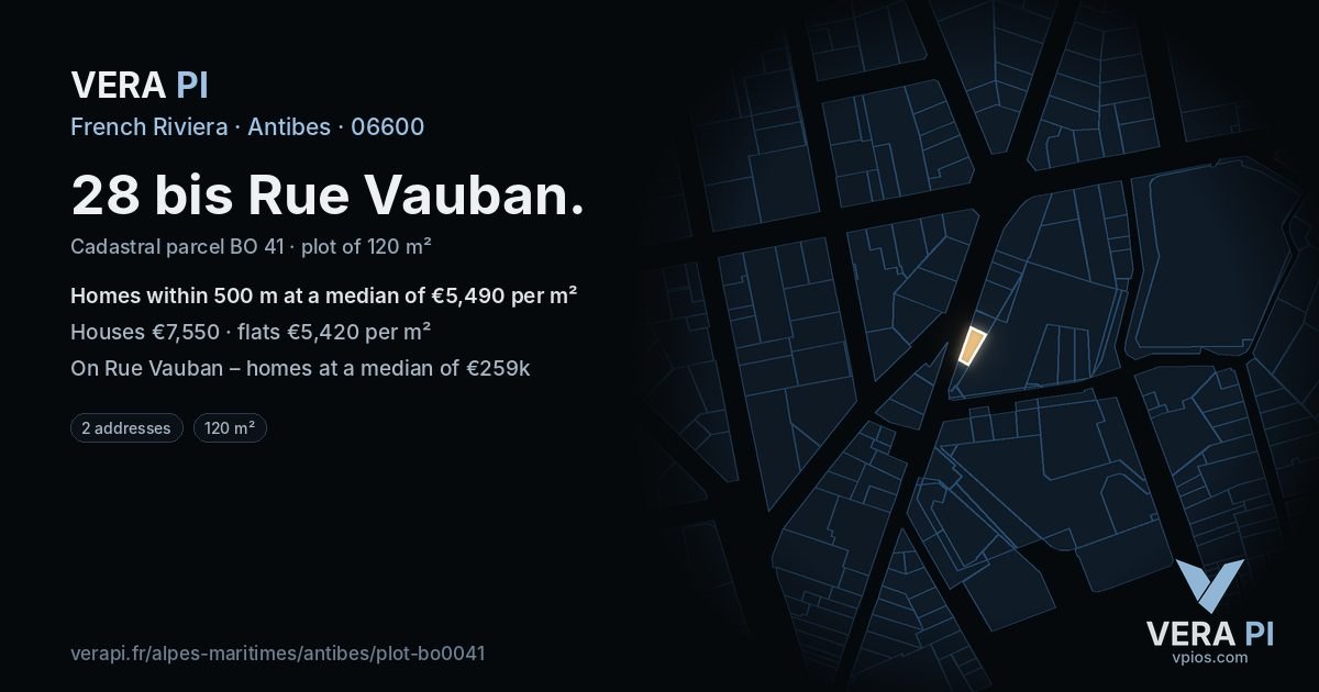 28 bis Rue Vauban, Antibes at night – the plot lit, the parcels around coloured by the prices near them
