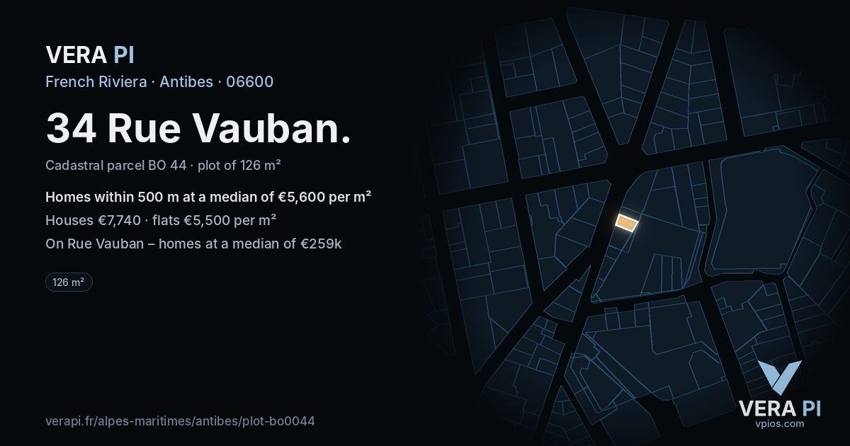 34 Rue Vauban, Antibes at night – the plot lit, the parcels around coloured by the prices near them