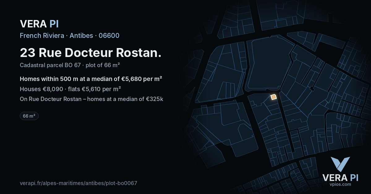 23 Rue Docteur Rostan, Antibes at night – the plot lit, the parcels around coloured by the prices near them