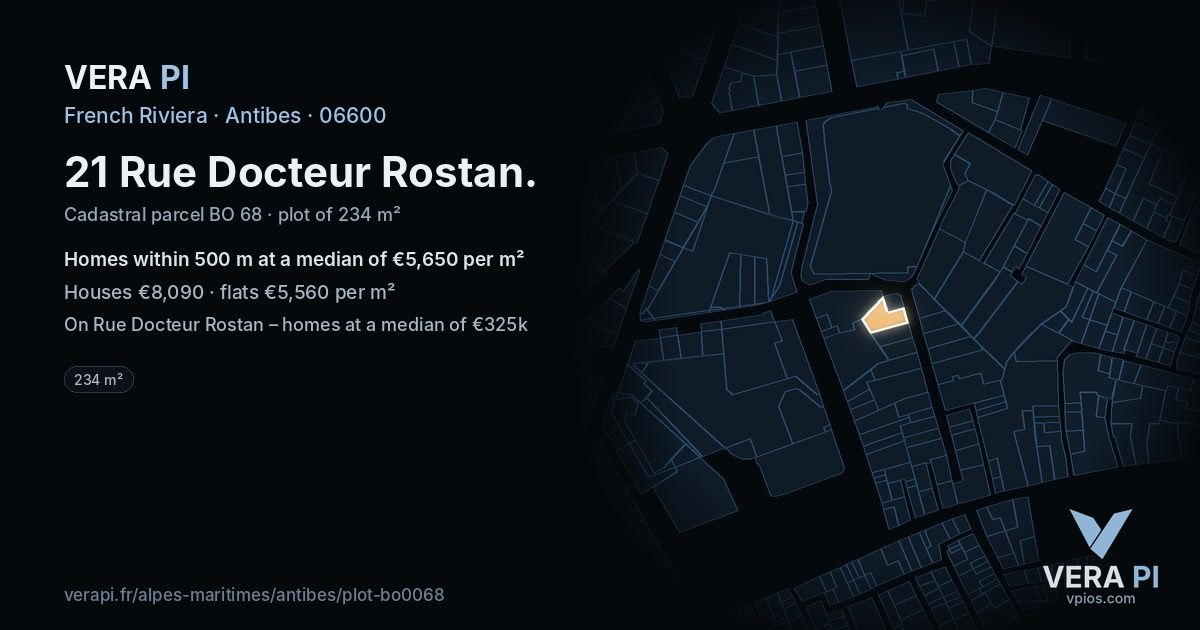 21 Rue Docteur Rostan, Antibes at night – the plot lit, the parcels around coloured by the prices near them
