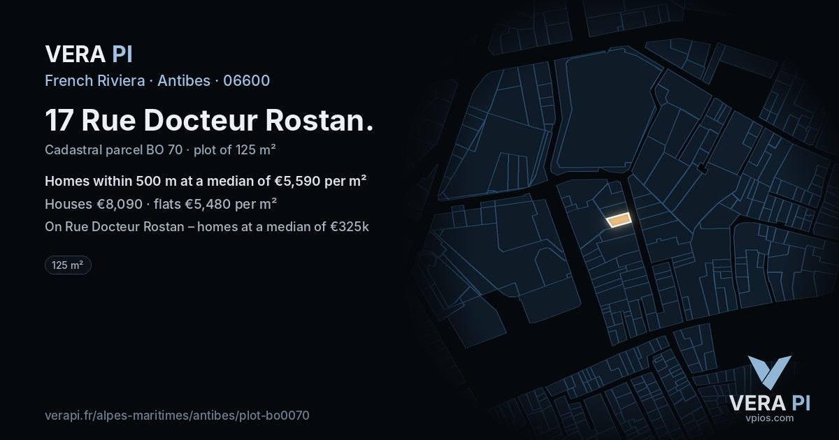 17 Rue Docteur Rostan, Antibes at night – the plot lit, the parcels around coloured by the prices near them