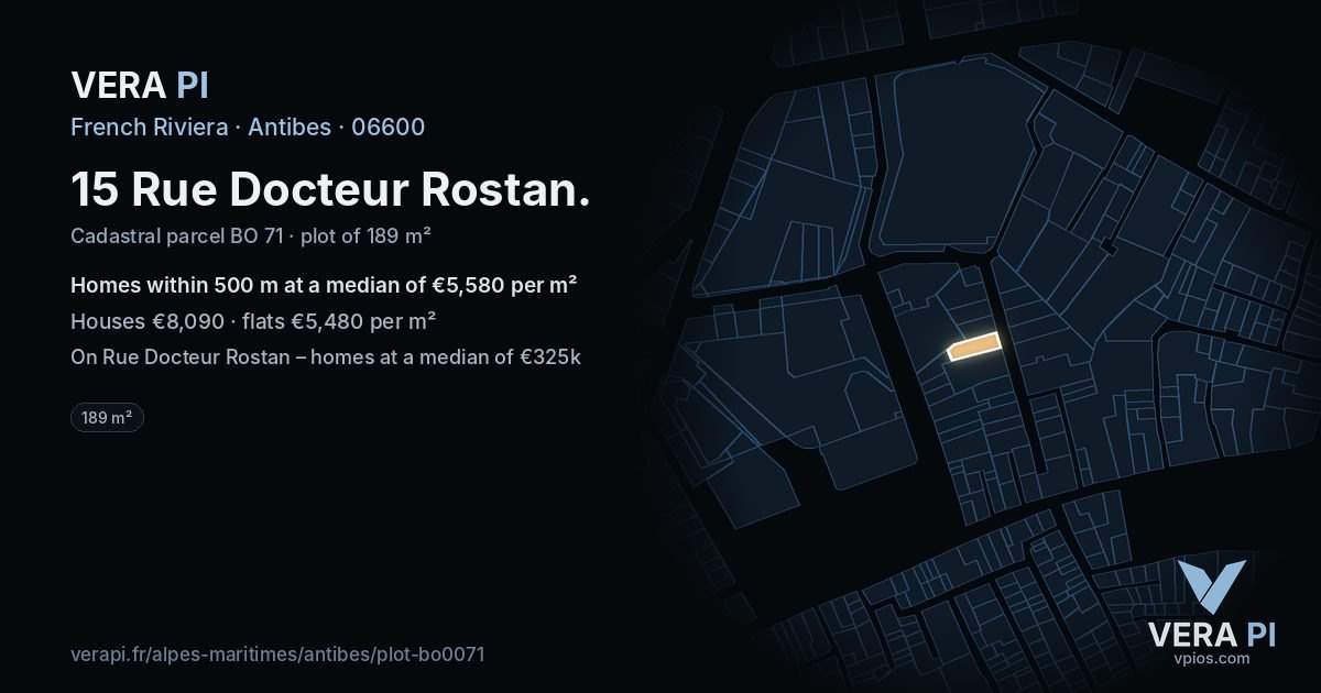 15 Rue Docteur Rostan, Antibes at night – the plot lit, the parcels around coloured by the prices near them