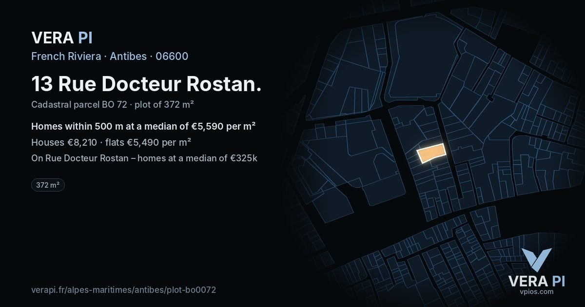 13 Rue Docteur Rostan, Antibes at night – the plot lit, the parcels around coloured by the prices near them