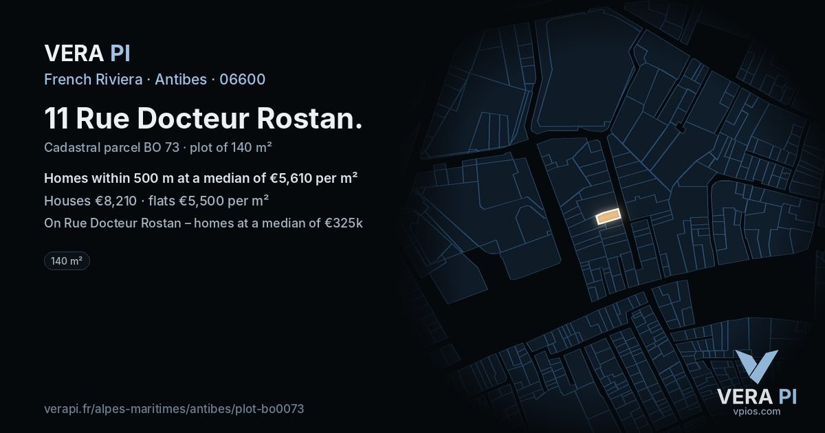 11 Rue Docteur Rostan, Antibes at night – the plot lit, the parcels around coloured by the prices near them
