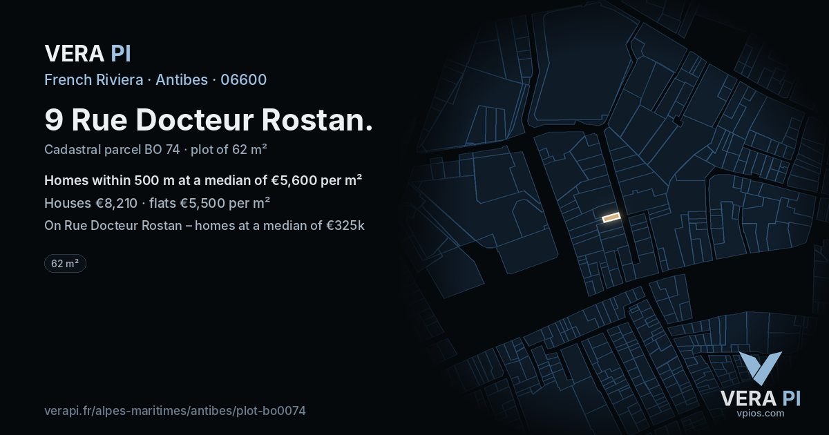 9 Rue Docteur Rostan, Antibes at night – the plot lit, the parcels around coloured by the prices near them