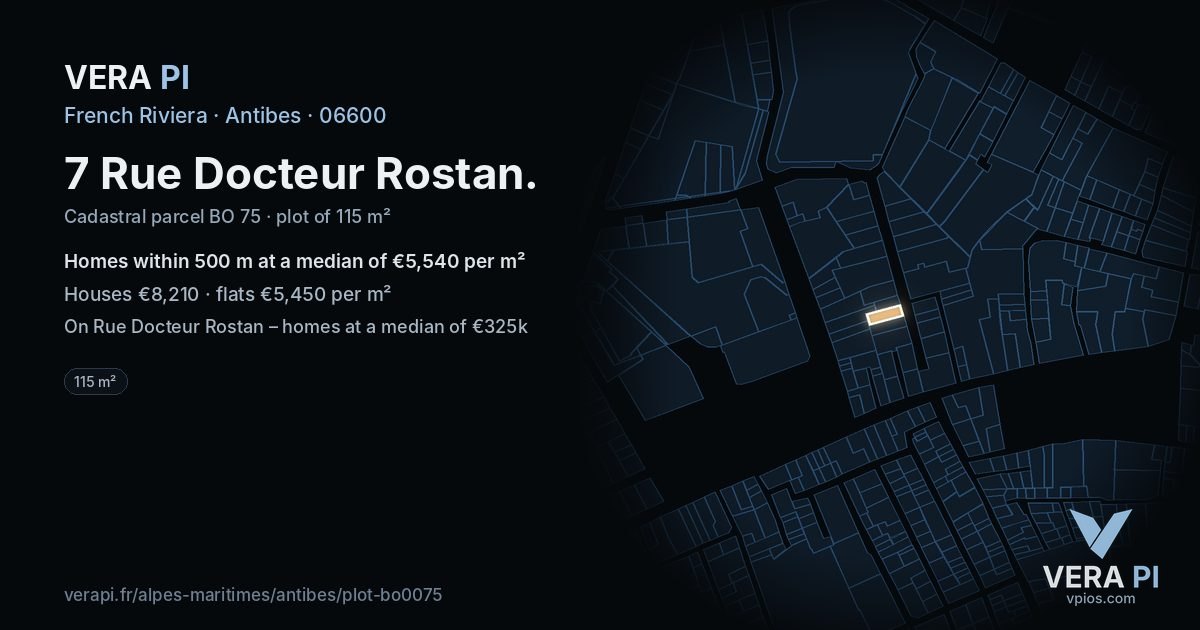 7 Rue Docteur Rostan, Antibes at night – the plot lit, the parcels around coloured by the prices near them