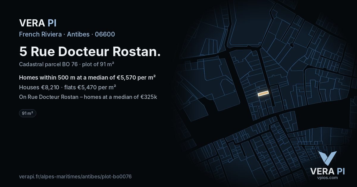 5 Rue Docteur Rostan, Antibes at night – the plot lit, the parcels around coloured by the prices near them