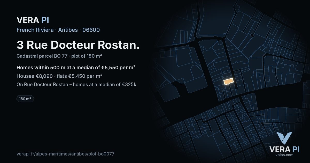 3 Rue Docteur Rostan, Antibes at night – the plot lit, the parcels around coloured by the prices near them