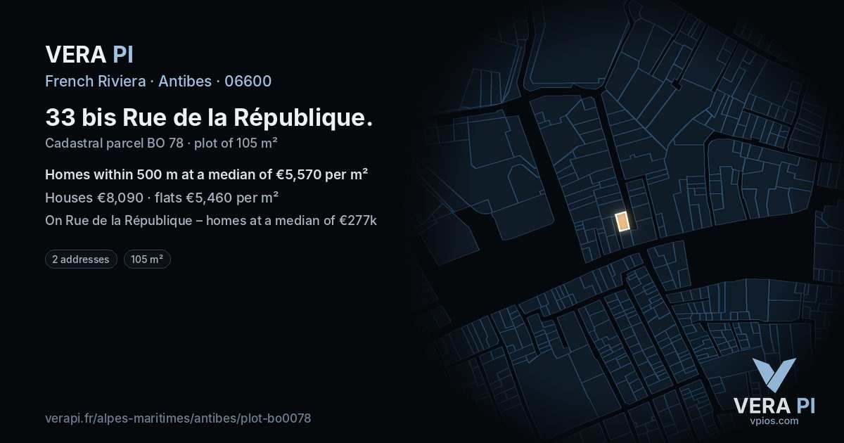 33 bis Rue de la République, Antibes at night – the plot lit, the parcels around coloured by the prices near them