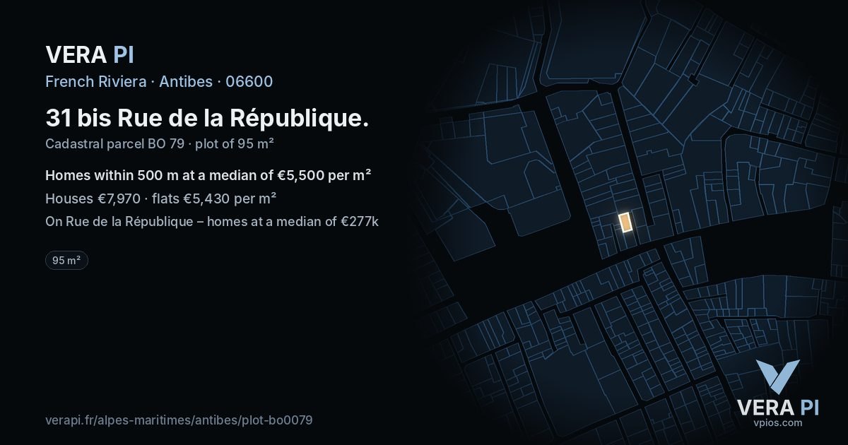 31 bis Rue de la République, Antibes at night – the plot lit, the parcels around coloured by the prices near them