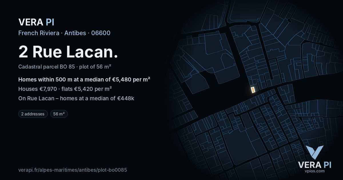2 Rue Lacan, Antibes at night – the plot lit, the parcels around coloured by the prices near them