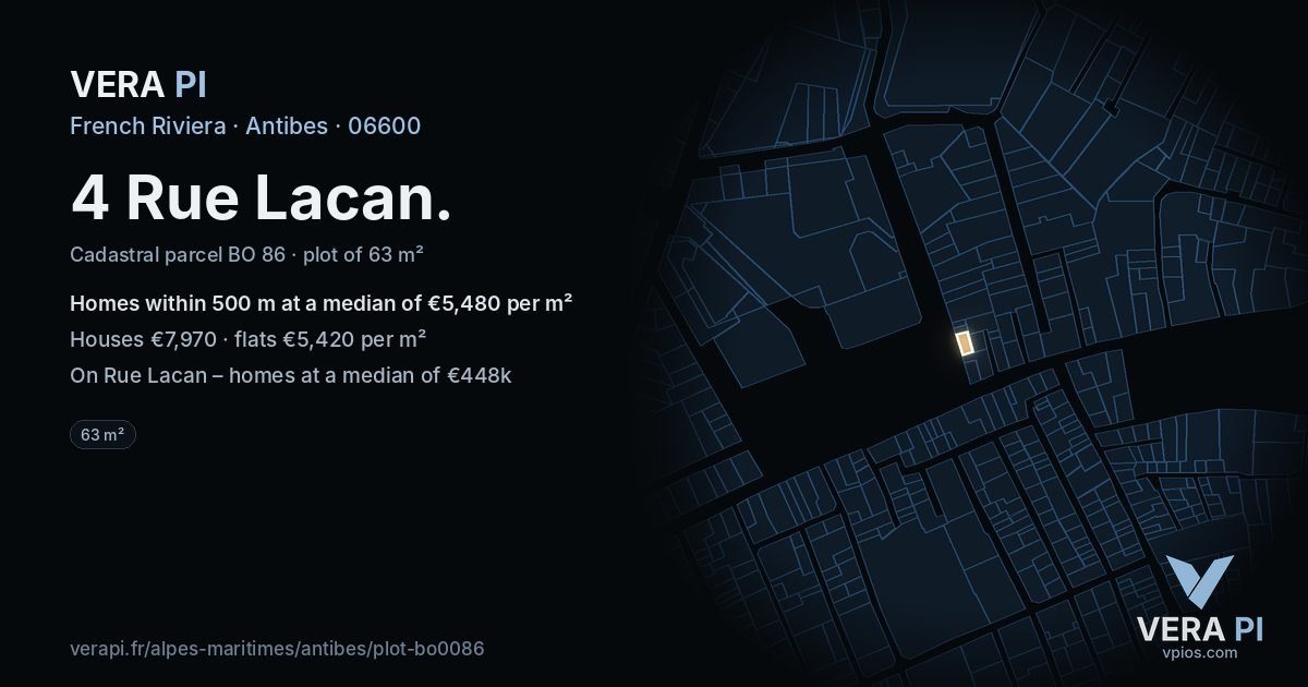 4 Rue Lacan, Antibes at night – the plot lit, the parcels around coloured by the prices near them
