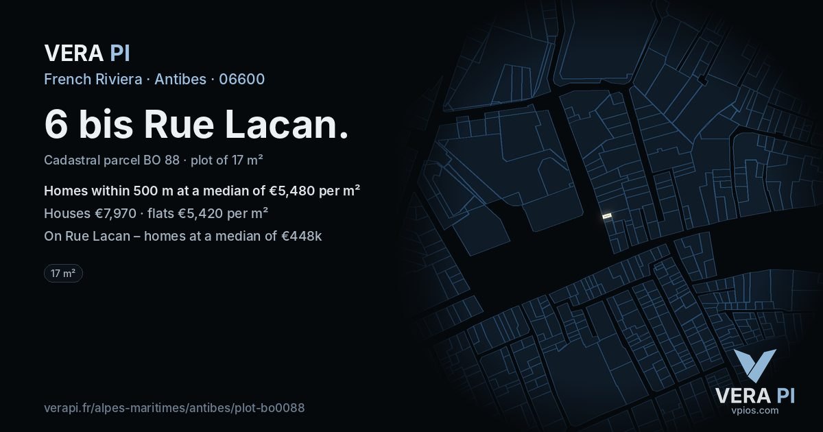 6 bis Rue Lacan, Antibes at night – the plot lit, the parcels around coloured by the prices near them