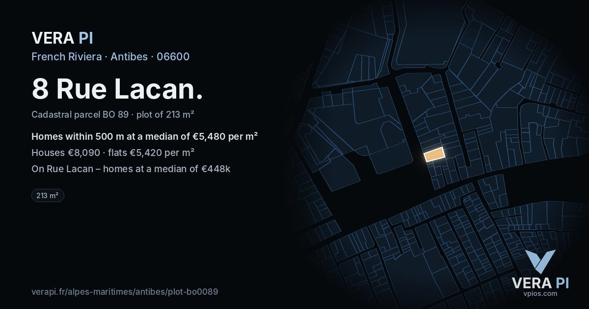 8 Rue Lacan, Antibes at night – the plot lit, the parcels around coloured by the prices near them