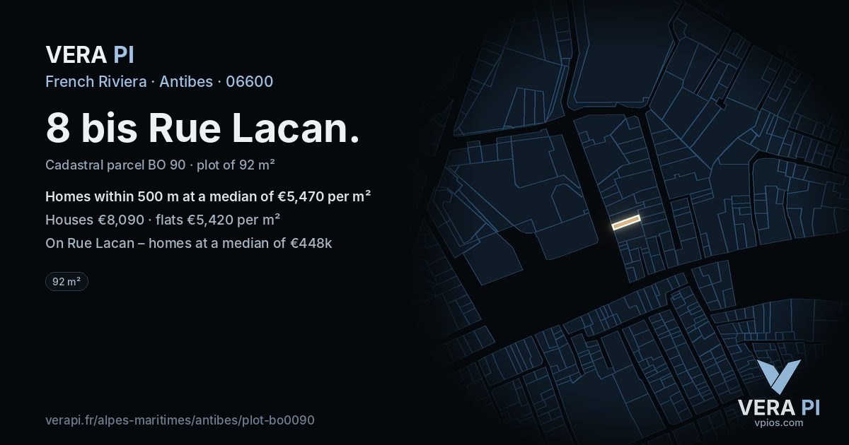 8 bis Rue Lacan, Antibes at night – the plot lit, the parcels around coloured by the prices near them