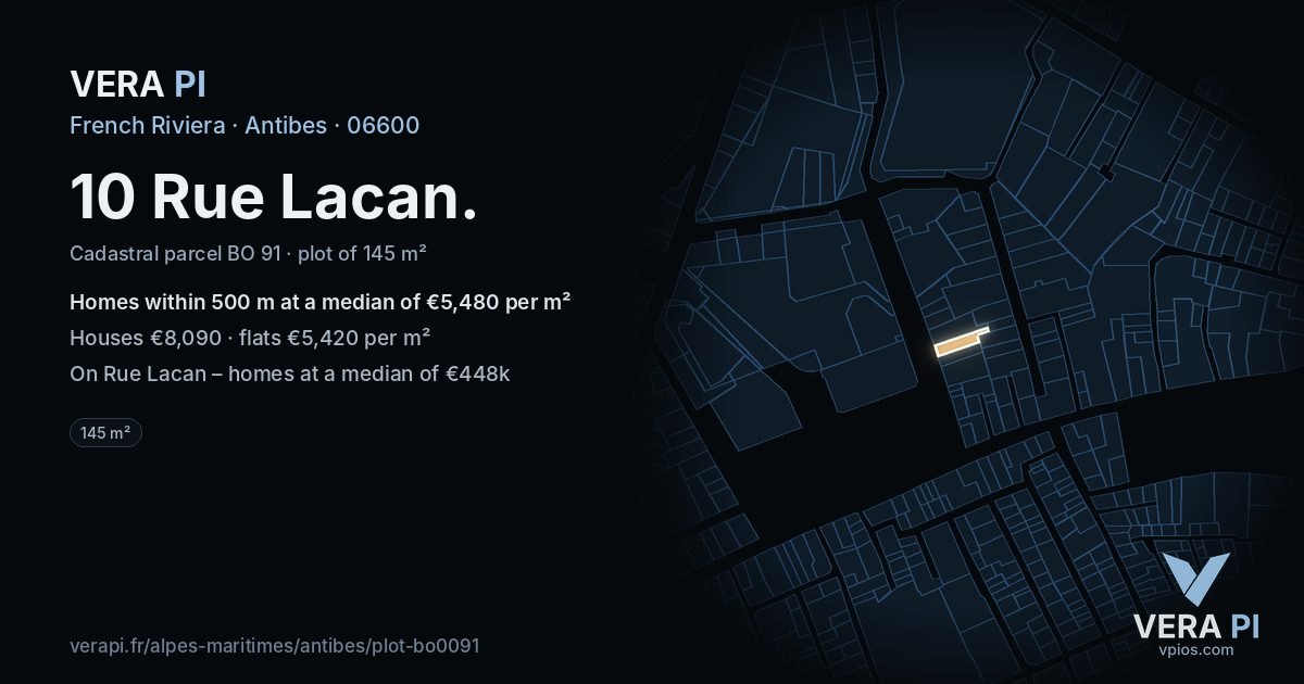 10 Rue Lacan, Antibes at night – the plot lit, the parcels around coloured by the prices near them