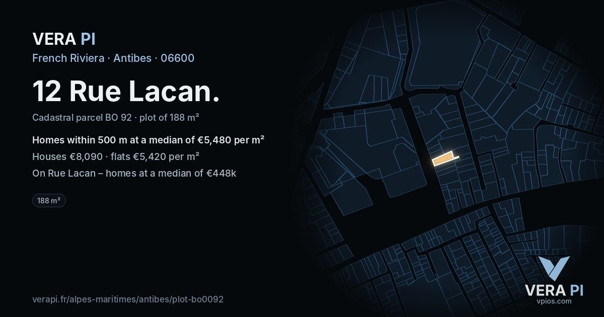 12 Rue Lacan, Antibes at night – the plot lit, the parcels around coloured by the prices near them