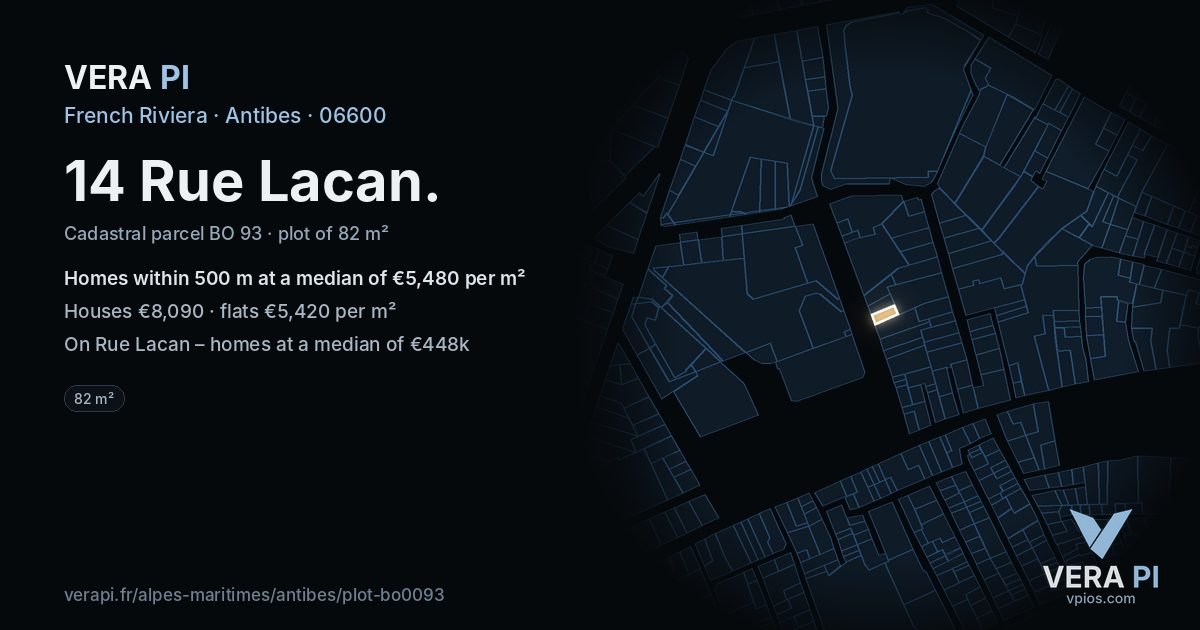 14 Rue Lacan, Antibes at night – the plot lit, the parcels around coloured by the prices near them