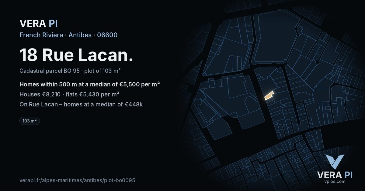 18 Rue Lacan, Antibes at night – the plot lit, the parcels around coloured by the prices near them