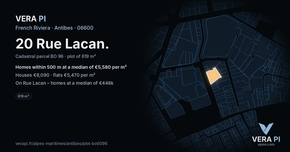 20 Rue Lacan, Antibes at night – the plot lit, the parcels around coloured by the prices near them