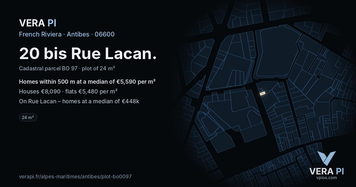 20 bis Rue Lacan, Antibes at night – the plot lit, the parcels around coloured by the prices near them