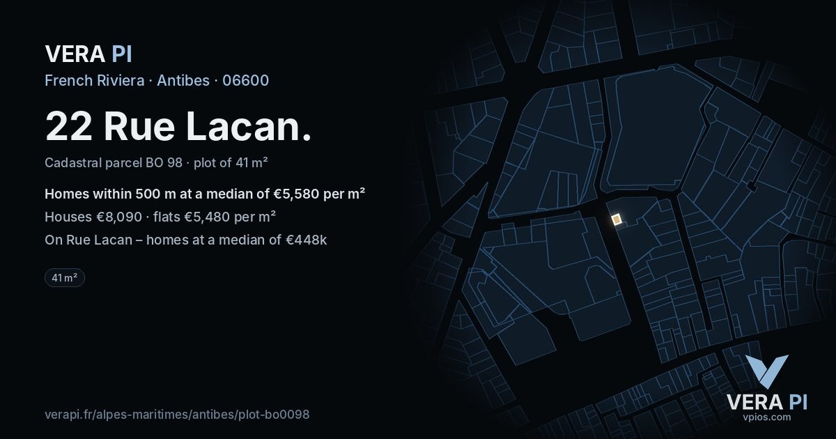 22 Rue Lacan, Antibes at night – the plot lit, the parcels around coloured by the prices near them