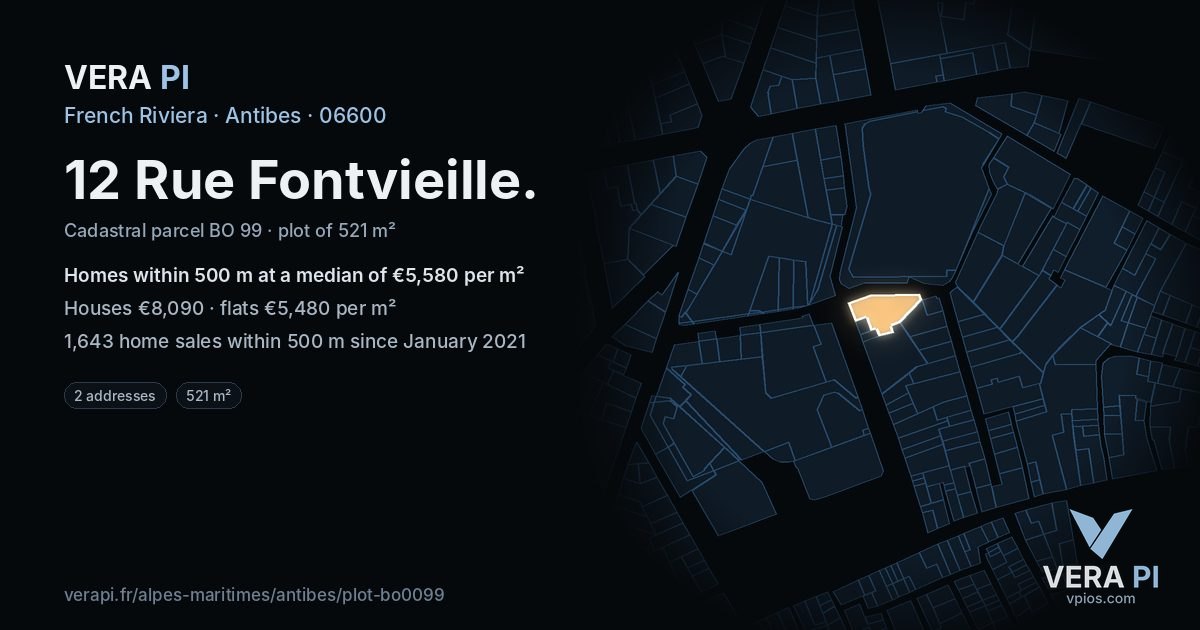 12 Rue Fontvieille, Antibes at night – the plot lit, the parcels around coloured by the prices near them