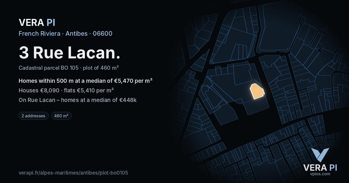 3 Rue Lacan, Antibes at night – the plot lit, the parcels around coloured by the prices near them