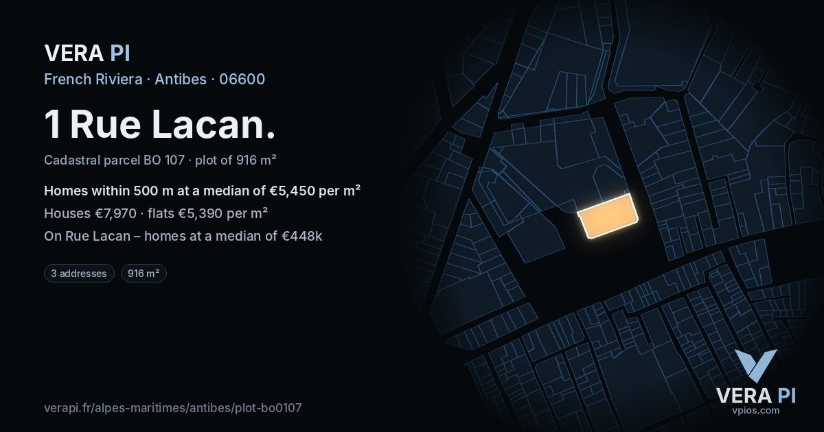 1 Rue Lacan, Antibes at night – the plot lit, the parcels around coloured by the prices near them