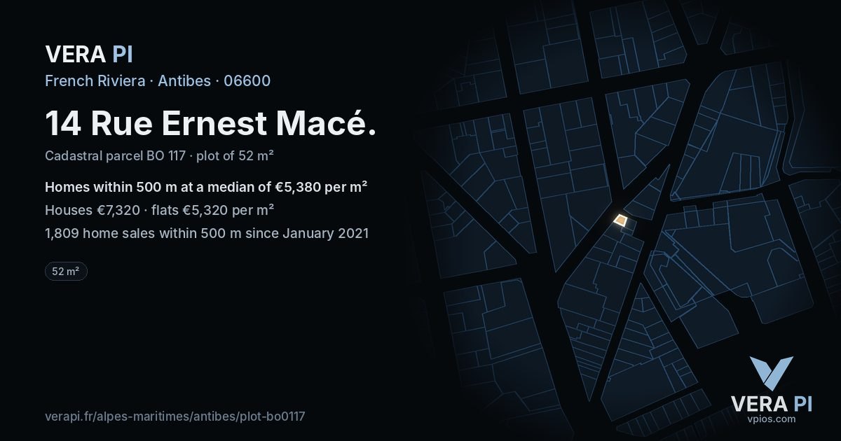 14 Rue Ernest Macé, Antibes at night – the plot lit, the parcels around coloured by the prices near them