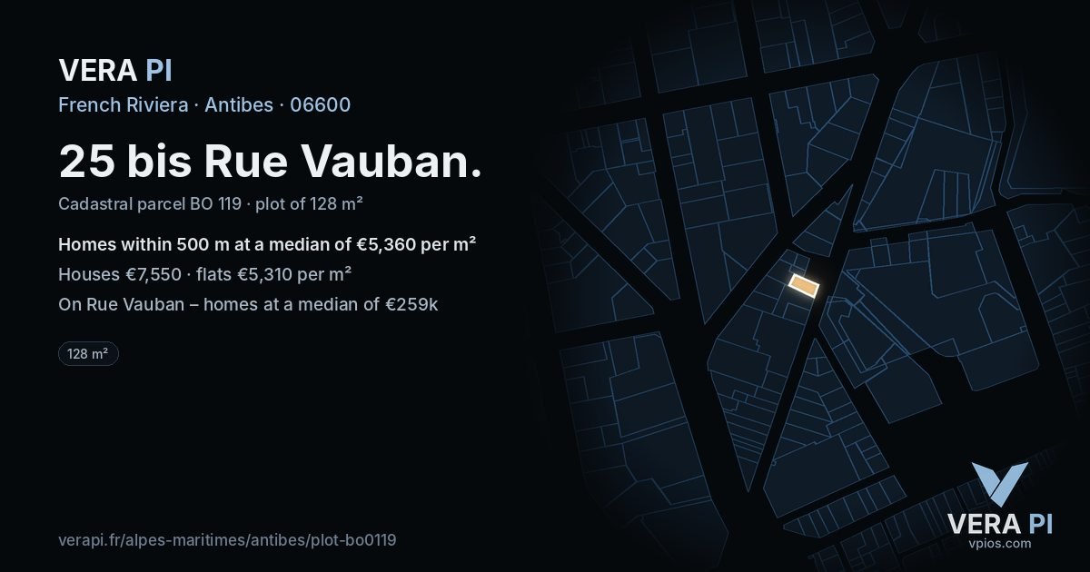 25 bis Rue Vauban, Antibes at night – the plot lit, the parcels around coloured by the prices near them