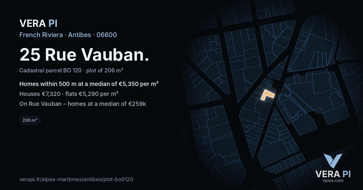 25 Rue Vauban, Antibes at night – the plot lit, the parcels around coloured by the prices near them