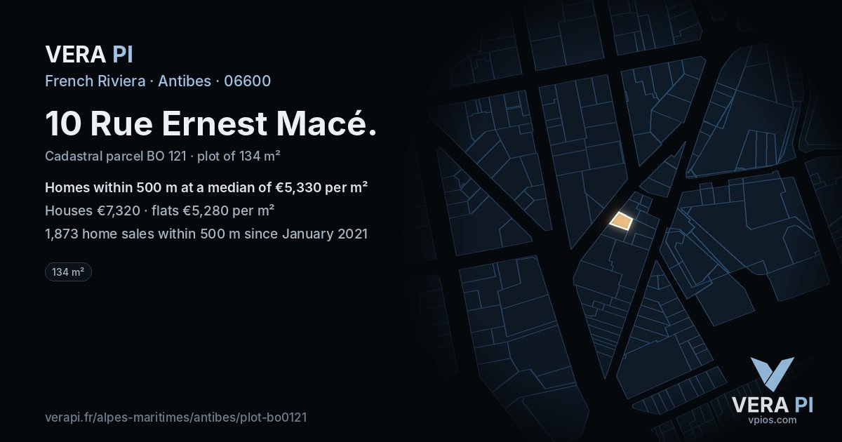 10 Rue Ernest Macé, Antibes at night – the plot lit, the parcels around coloured by the prices near them
