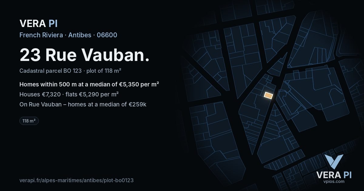 23 Rue Vauban, Antibes at night – the plot lit, the parcels around coloured by the prices near them