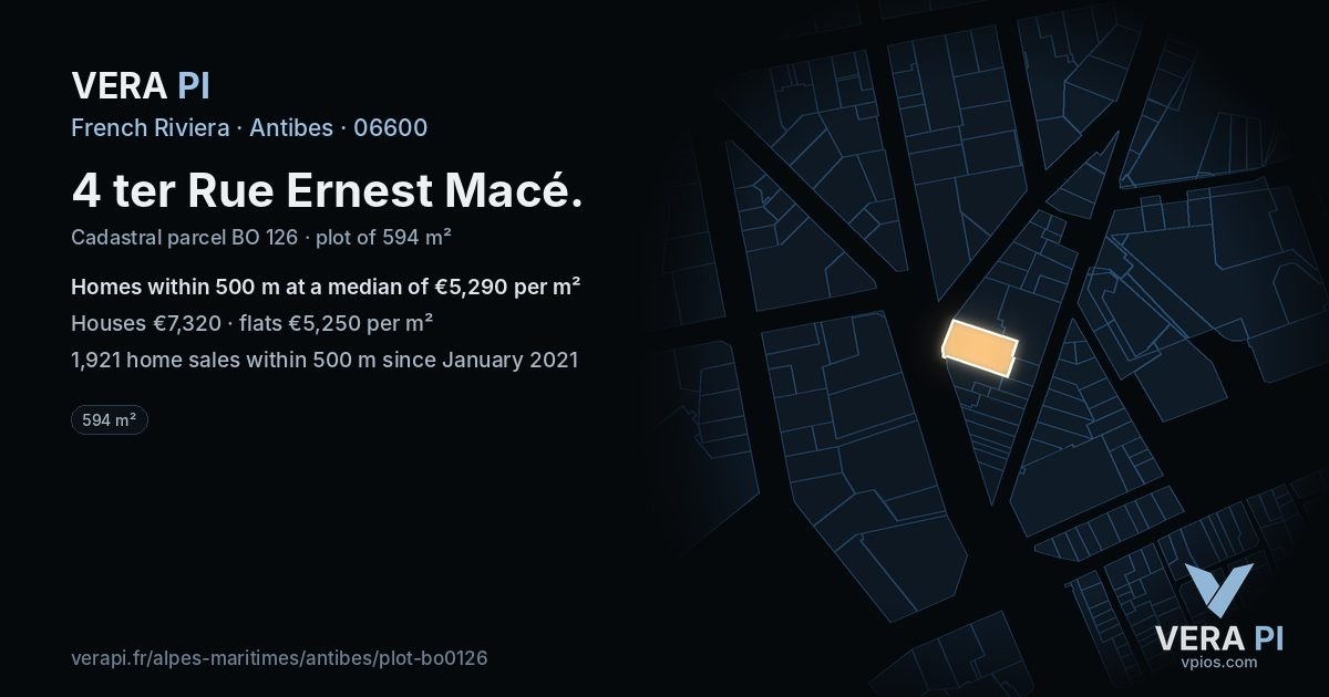 4 ter Rue Ernest Macé, Antibes at night – the plot lit, the parcels around coloured by the prices near them