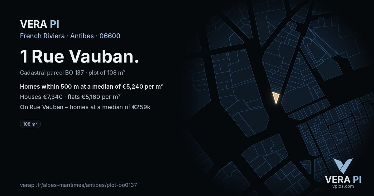 1 Rue Vauban, Antibes at night – the plot lit, the parcels around coloured by the prices near them