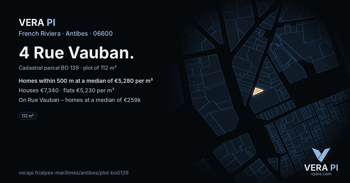 4 Rue Vauban, Antibes at night – the plot lit, the parcels around coloured by the prices near them