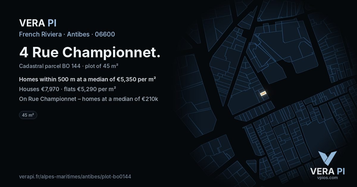 4 Rue Championnet, Antibes at night – the plot lit, the parcels around coloured by the prices near them