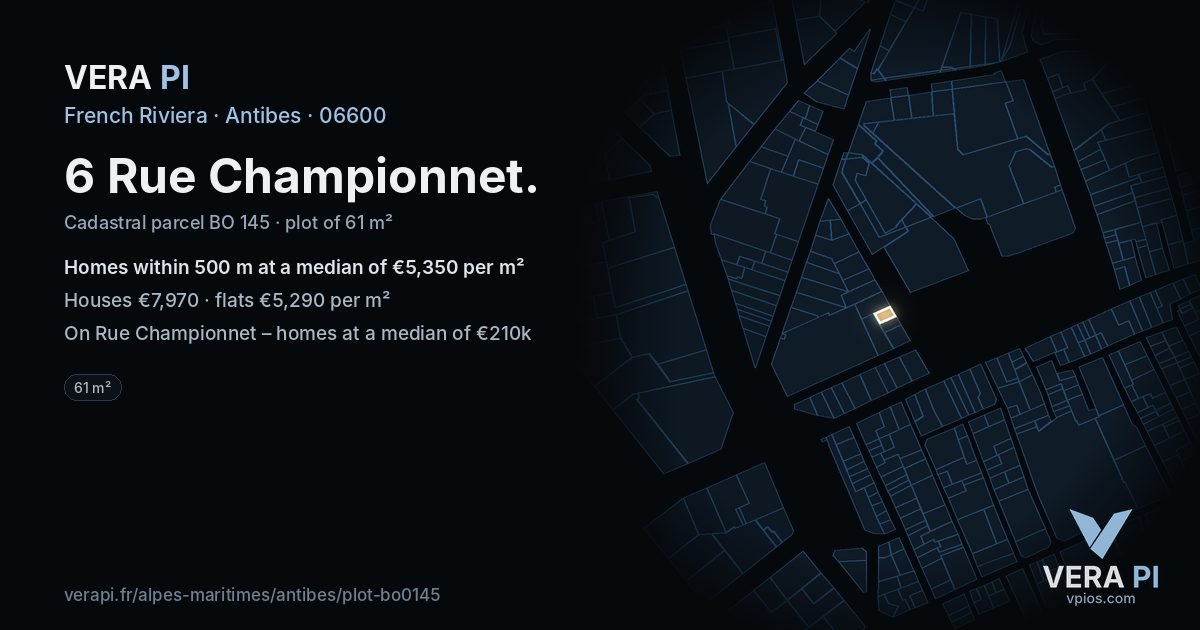 6 Rue Championnet, Antibes at night – the plot lit, the parcels around coloured by the prices near them