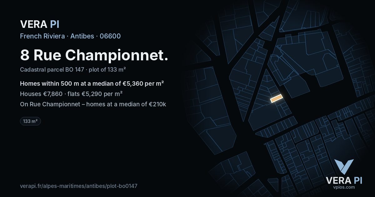 8 Rue Championnet, Antibes at night – the plot lit, the parcels around coloured by the prices near them