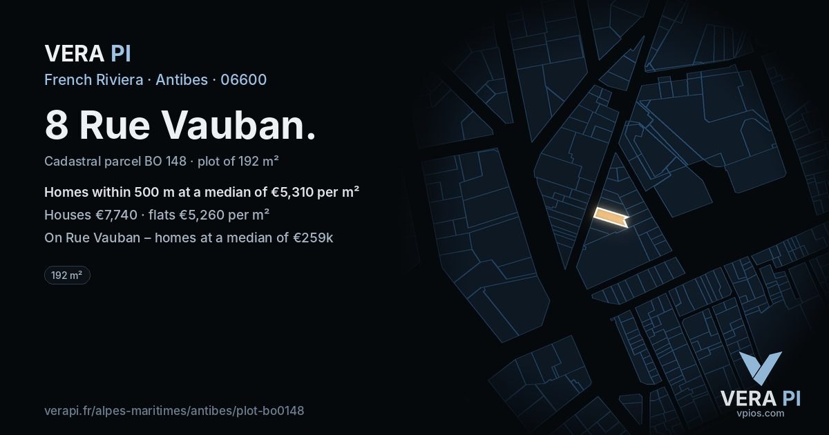 8 Rue Vauban, Antibes at night – the plot lit, the parcels around coloured by the prices near them