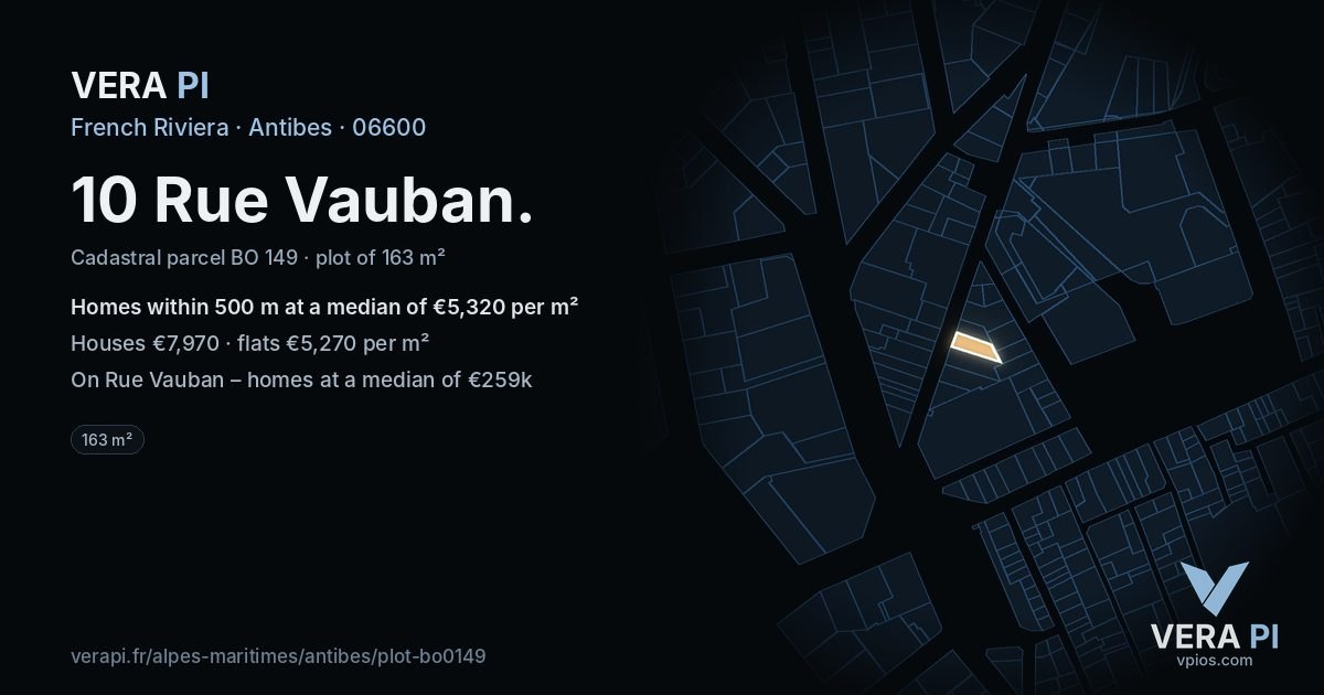 10 Rue Vauban, Antibes at night – the plot lit, the parcels around coloured by the prices near them