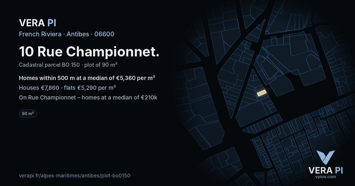 10 Rue Championnet, Antibes at night – the plot lit, the parcels around coloured by the prices near them