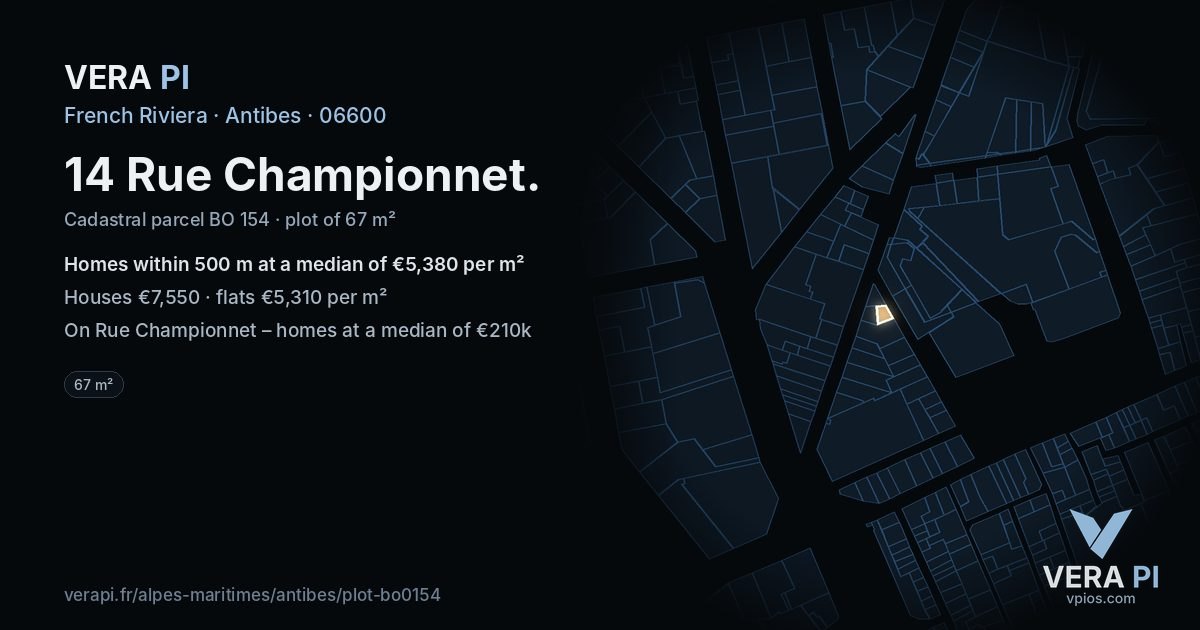 14 Rue Championnet, Antibes at night – the plot lit, the parcels around coloured by the prices near them
