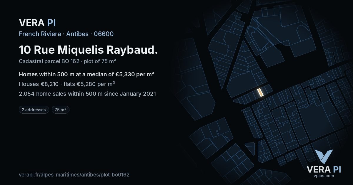 10 Rue Miquelis Raybaud, Antibes at night – the plot lit, the parcels around coloured by the prices near them