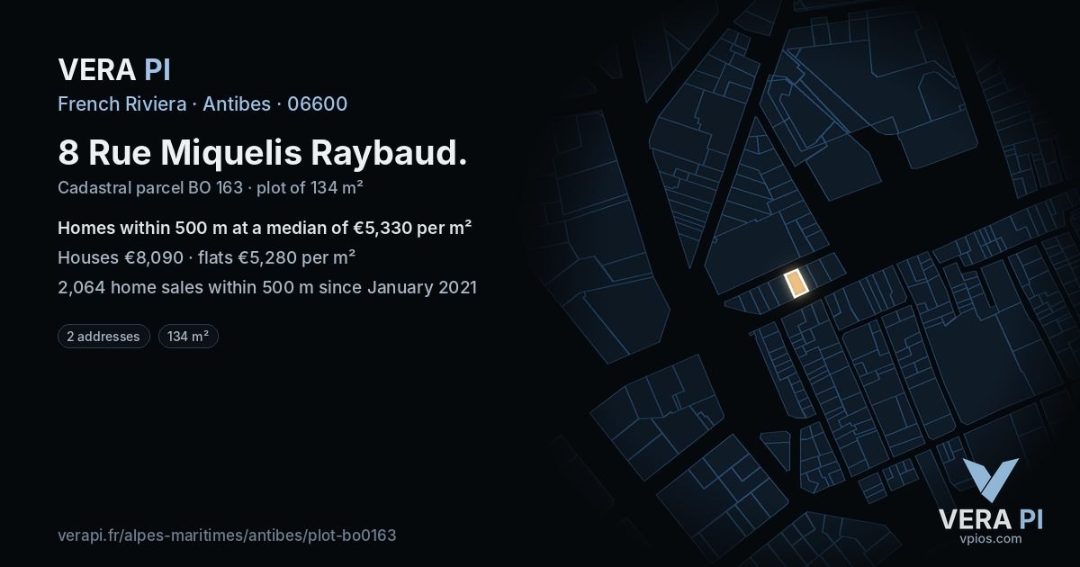 8 Rue Miquelis Raybaud, Antibes at night – the plot lit, the parcels around coloured by the prices near them