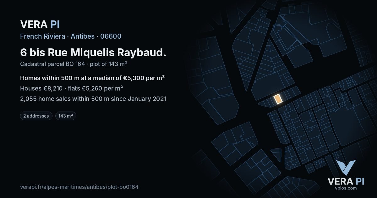 6 bis Rue Miquelis Raybaud, Antibes at night – the plot lit, the parcels around coloured by the prices near them