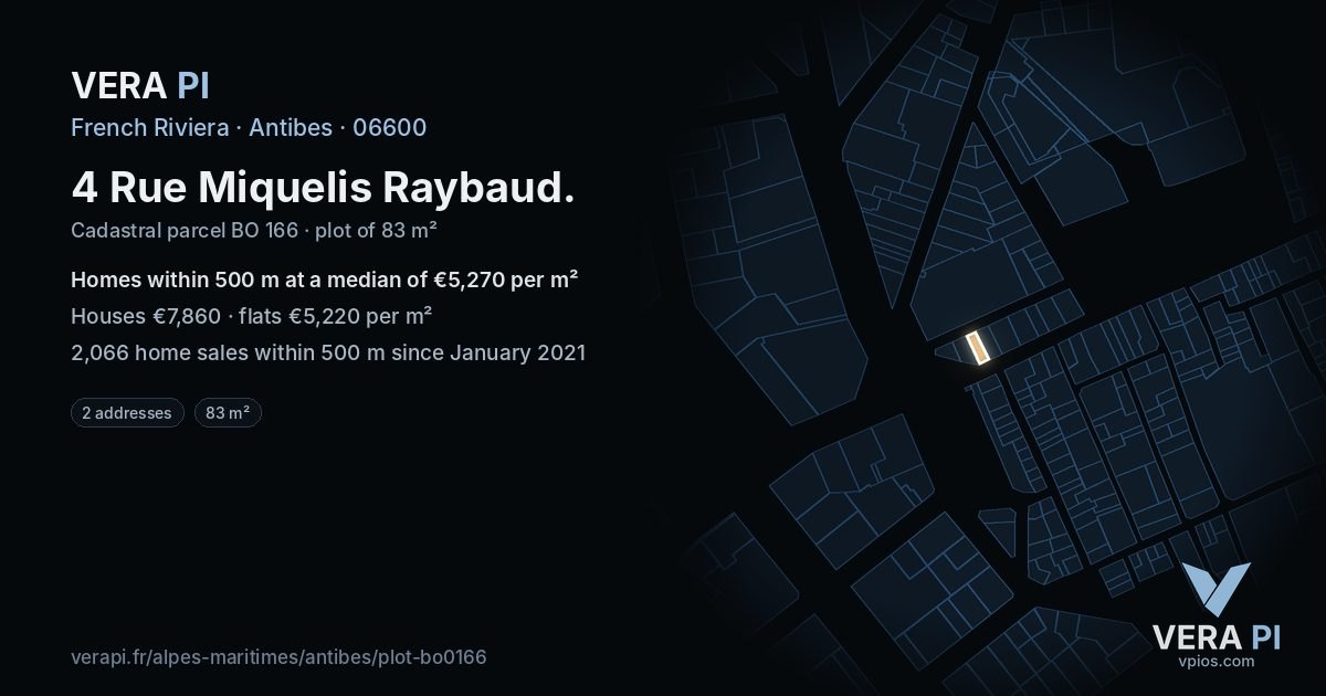 4 Rue Miquelis Raybaud, Antibes at night – the plot lit, the parcels around coloured by the prices near them