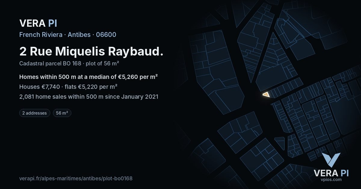 2 Rue Miquelis Raybaud, Antibes at night – the plot lit, the parcels around coloured by the prices near them
