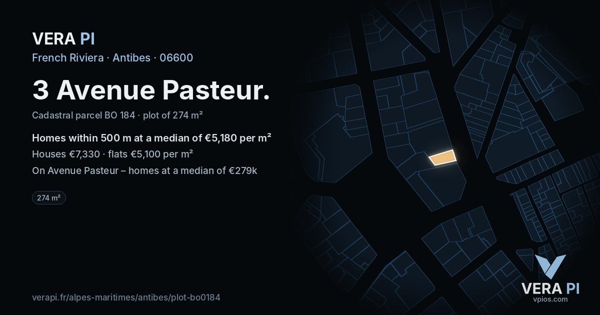 3 Avenue Pasteur, Antibes at night – the plot lit, the parcels around coloured by the prices near them